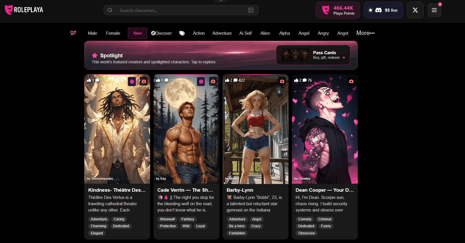 The RolePlaya character gallery showing community-created characters with tags and chat counts