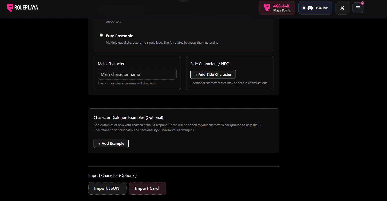 The RolePlaya character creator showing Import JSON and Import Card buttons alongside dialogue examples and side characters