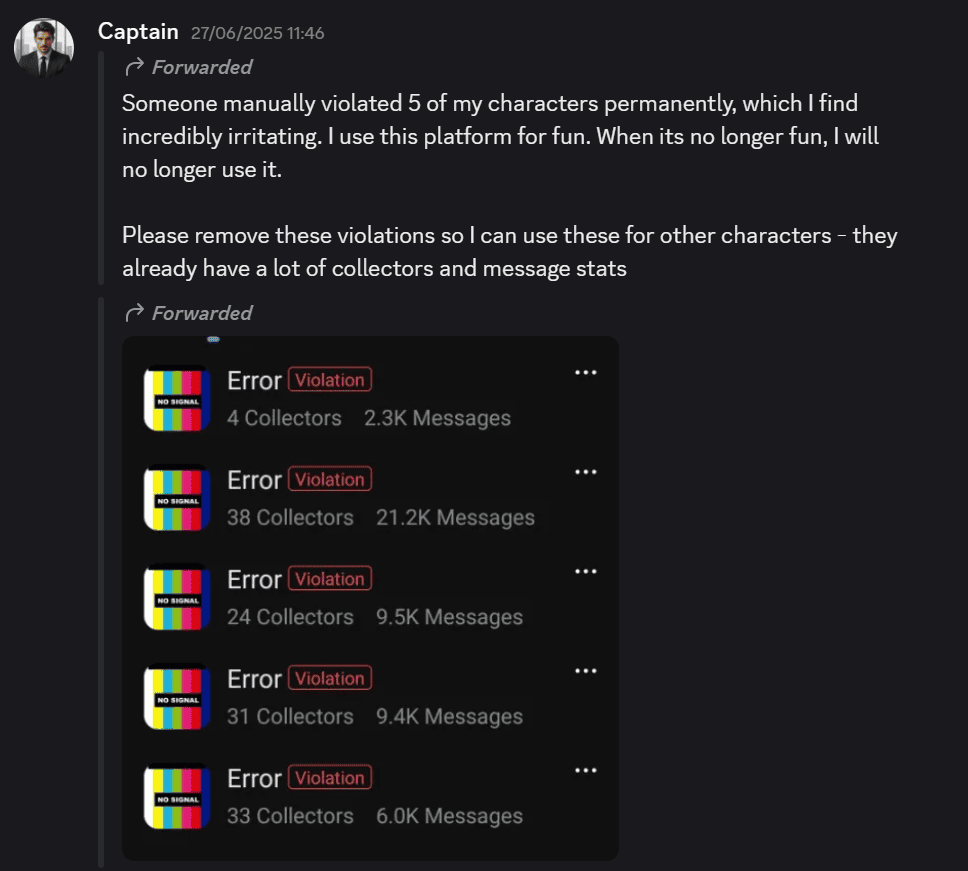 Message from 27 June 2025 reporting five characters permanently violated, showing five entries each labelled Violation