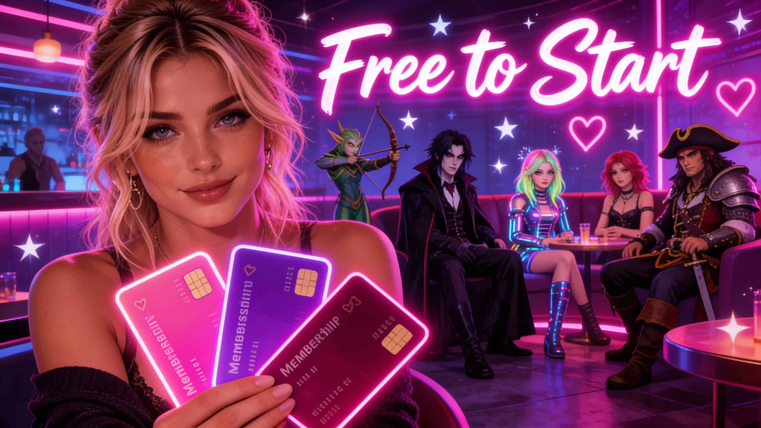 RolePlaya pricing, a woman fanning out three glowing membership cards in a neon lounge full of roleplay characters